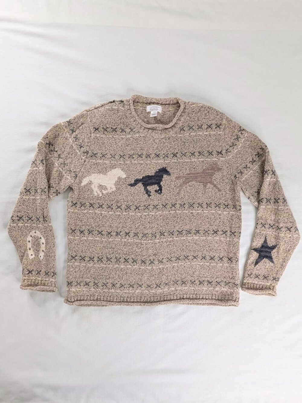 VTG Tan Knit Equestrian Horses Horseshoe Rolled Hem Patterned Knit Sweater